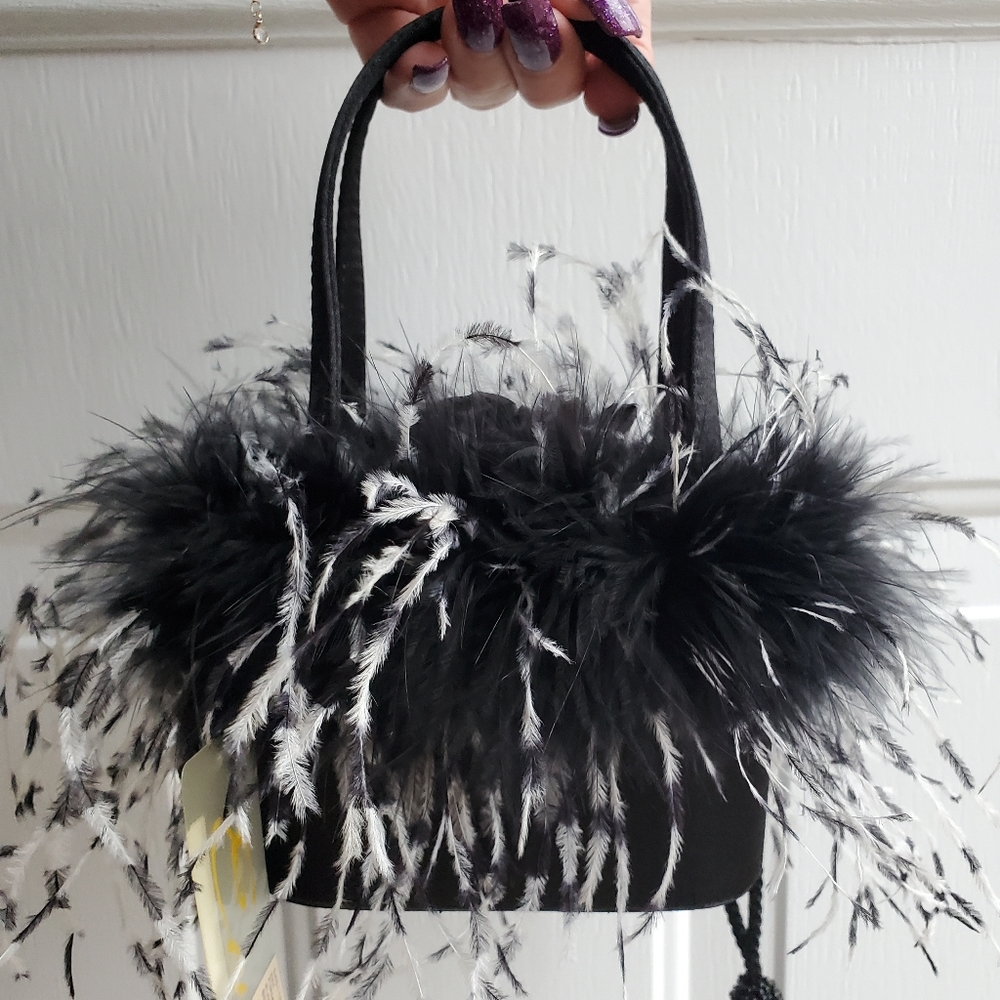 Ermo feathered black satin evening purse/pocket book/bag